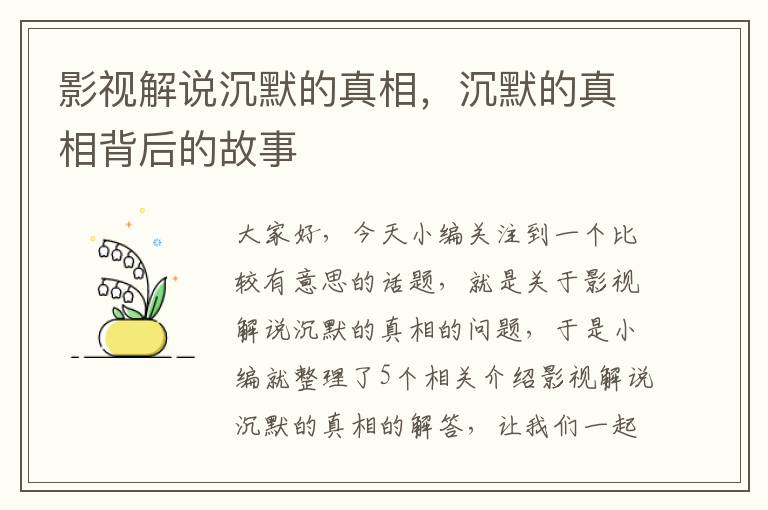 影视解说沉默的真相，沉默的真相背后的故事