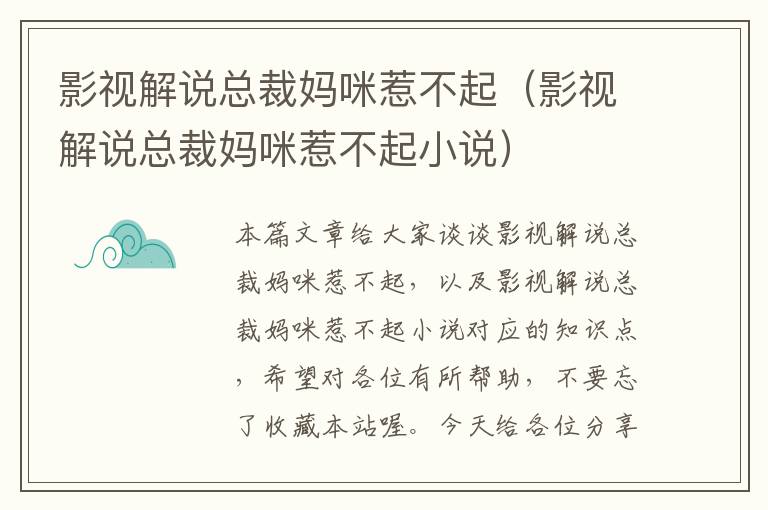 影视解说总裁妈咪惹不起（影视解说总裁妈咪惹不起小说）