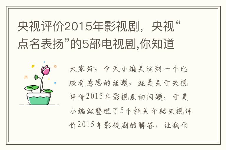 央视评价2015年影视剧，央视“点名表扬”的5部电视剧,你知道哪几部呢?