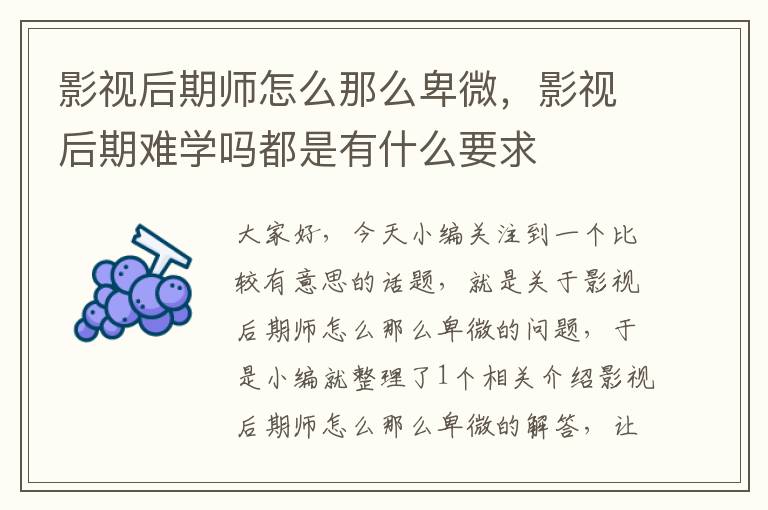 影视后期师怎么那么卑微，影视后期难学吗都是有什么要求